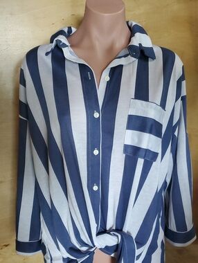 Eden & Olivia Navy and White Vertical Stripe Button-Down Shirt